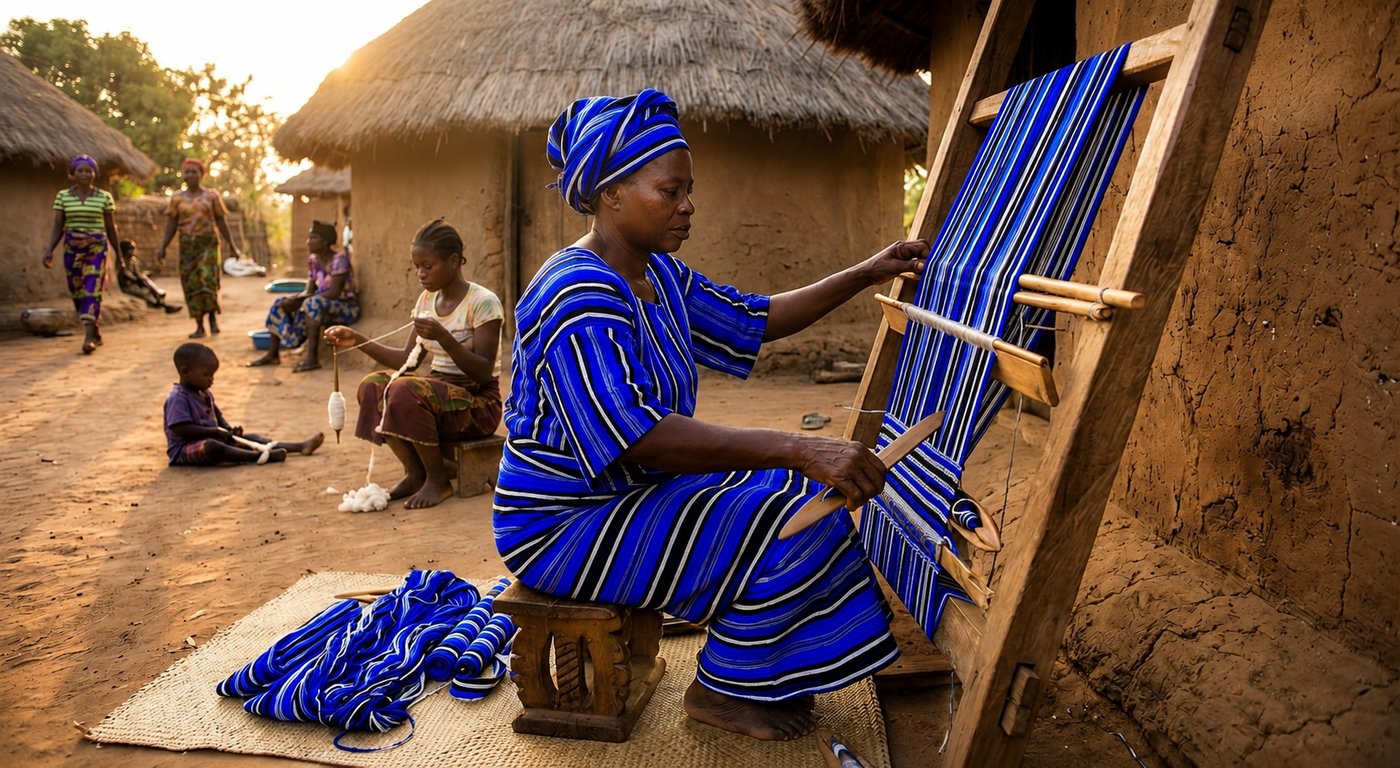 Close-up of hands threading a traditional loom